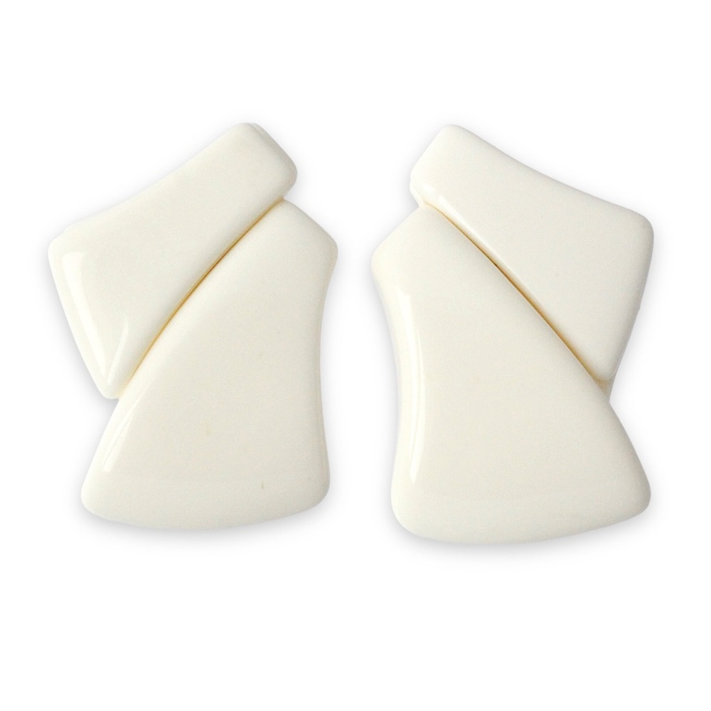 Vintage White Lucite Stud Earrings Abstract Modernist Large Statement Studs